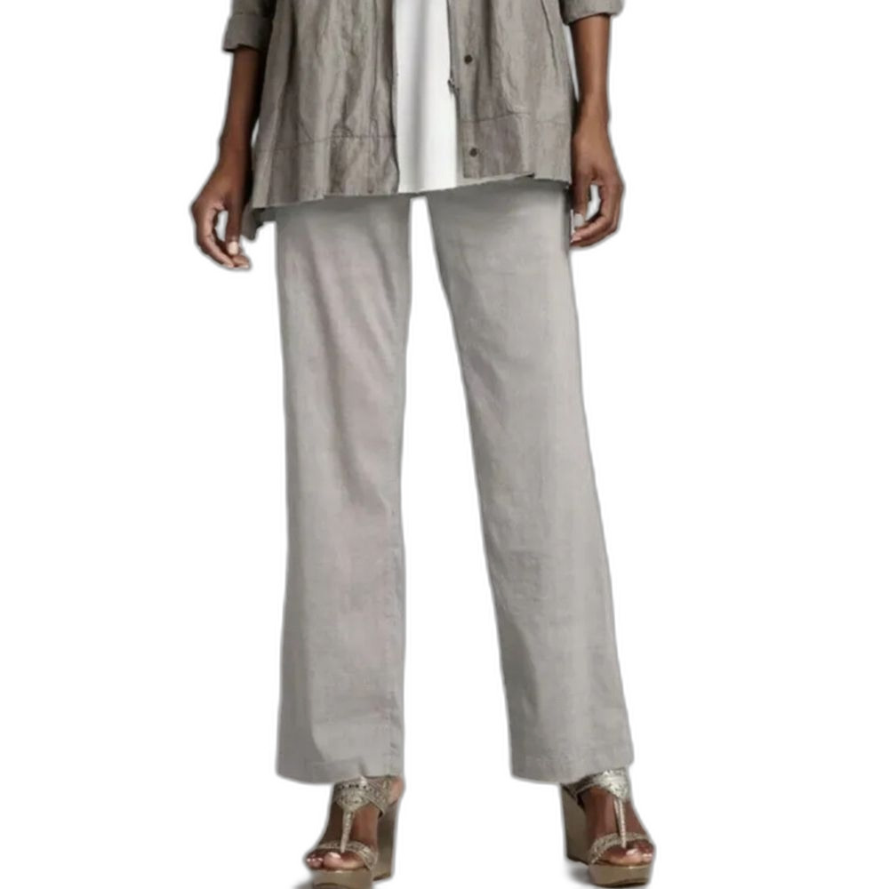 Eileen Fisher Pants Linen Gray Wide Straight Leg Button Tab Pockets Small‎ 4